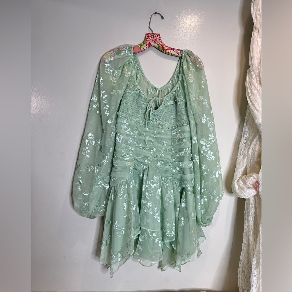 For Love & Lemons Breanne Ruched Tiered Sheer Long Puff Sleeve Mini Dress L - Picture 4 of 9